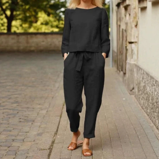 Damen Lässiges Leinen-Loungewear-Set mit Rundhalsausschnitt, Bindegürtel und knöchellanger Hose EB