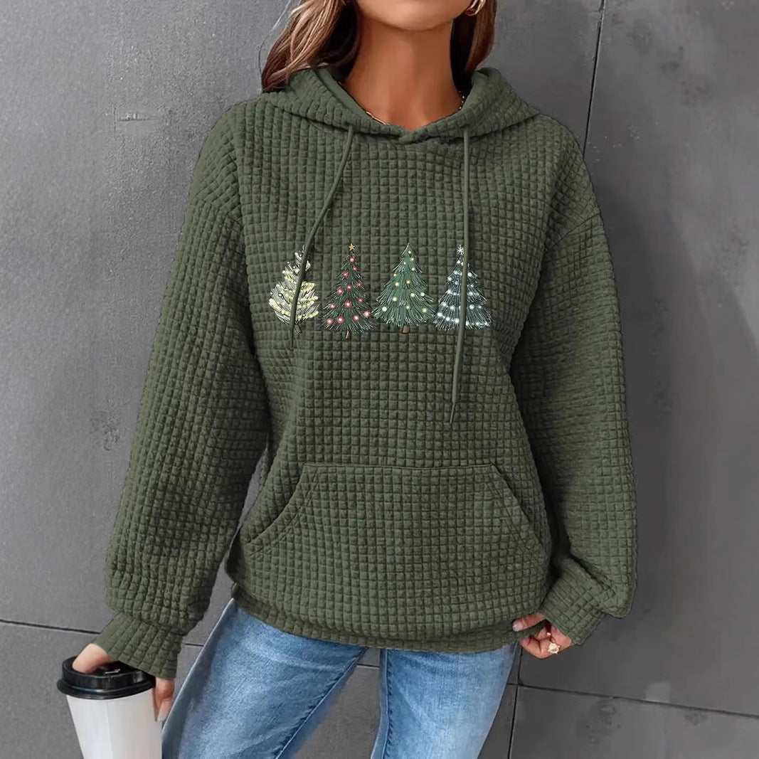 Damen Waffel-Pullover mit übergroßer Kapuze und festlichem Baumdesign EB