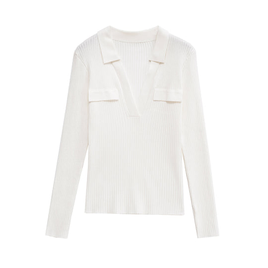 Damen Langarmshirt mit V-Ausschnitt und dekorativen Taschen EB