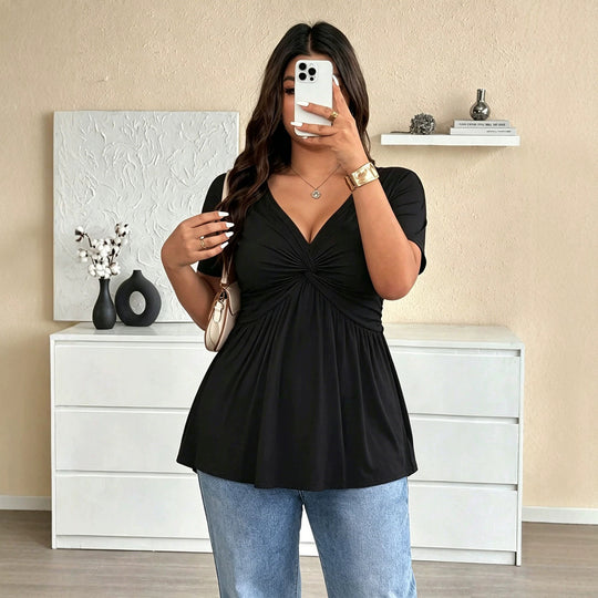 Damen Kurzarm-Bluse mit raffiniertem Wickeldesign und V-Ausschnitt EB