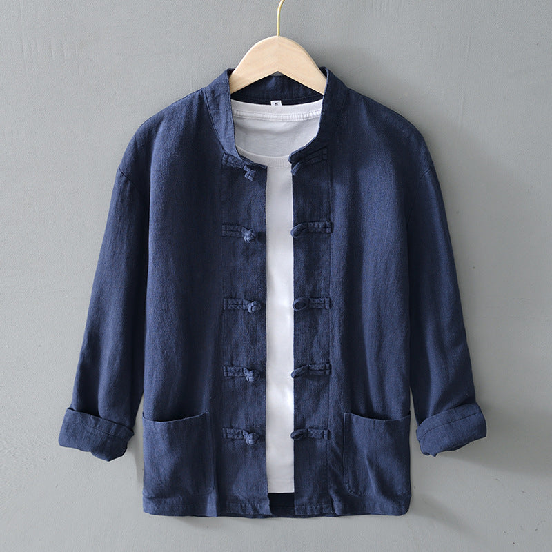 Herren nan leichte Leinenjacke im traditionellen chinesischen Stil mit Stehkragen und Knotenverschlüssen EB
