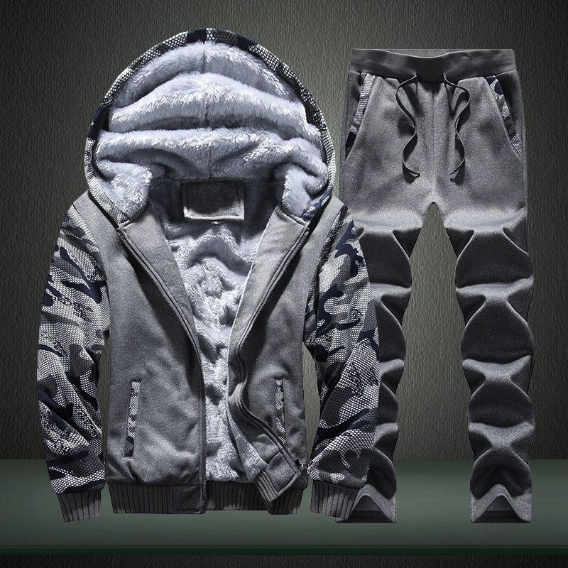 Herren Fleecegefüttertes Freizeit-Trainingsanzug-Set mit Kapuzenjacke und Camouflage-Ärmeln EB