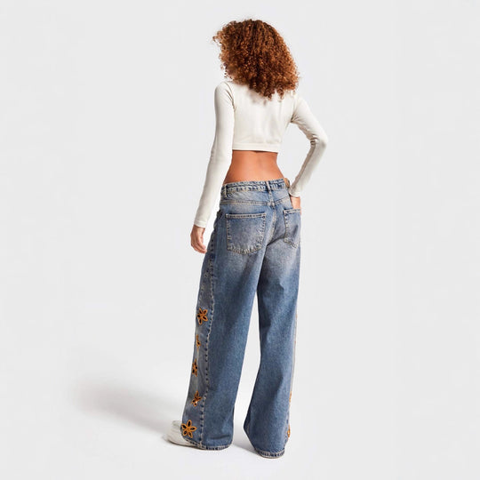 Damen weite Jeans mit floralem Stickdesign EB