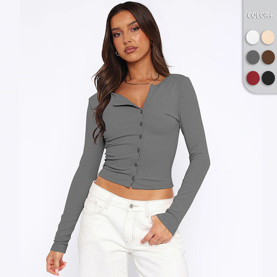 Damen figurbetontes Langarmshirt mit Knopfleiste EB