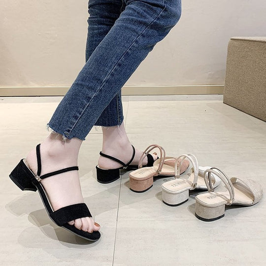Damen elegante Sandaletten mit modischem Blockabsatz und geschwungenen Riemen EB