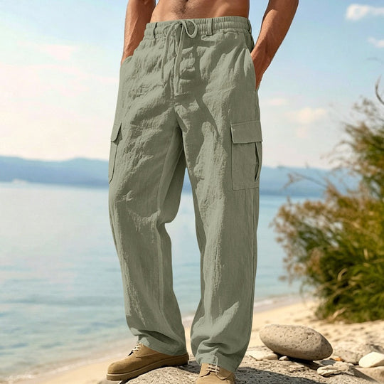 Herren nan entspannt geschnittene Strand-Cargohose aus Leinenblend mit elastischem Tunnelzug und zweifacher Klapptasche EB