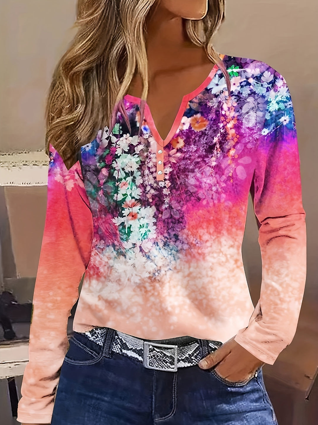 Damen Blütenmuster Langarmshirt mit Knopfleiste EB