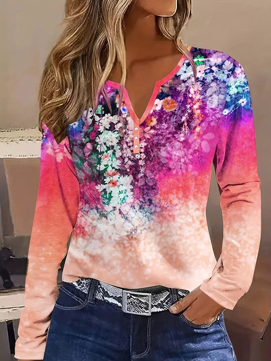 Damen Blütenmuster Langarmshirt mit Knopfleiste EB