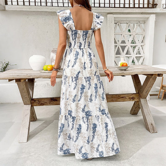Damen Elegantes Maxi-Kleid mit floralem Print und schulterfreien Rüschenärmel EB