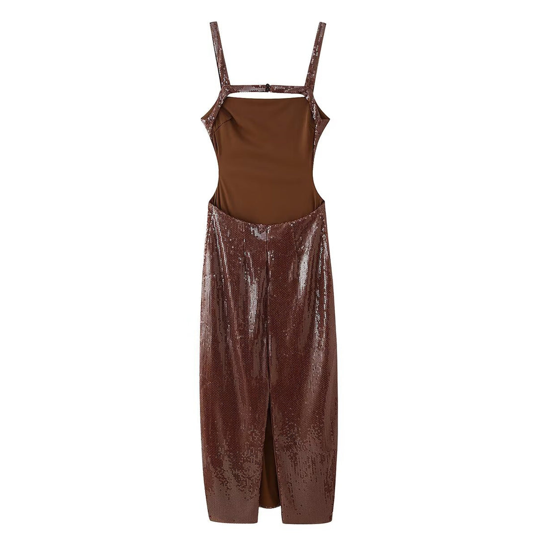Damen Pailetten Maxikleid mit trägerlosem Design und elegantem Schnitt EB