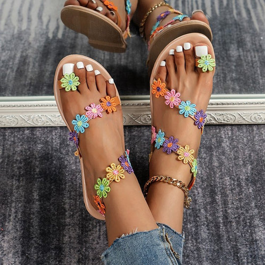 Damen Sommer Sandalen mit buntem Blüten-Design und rutschfester Sohle EB
