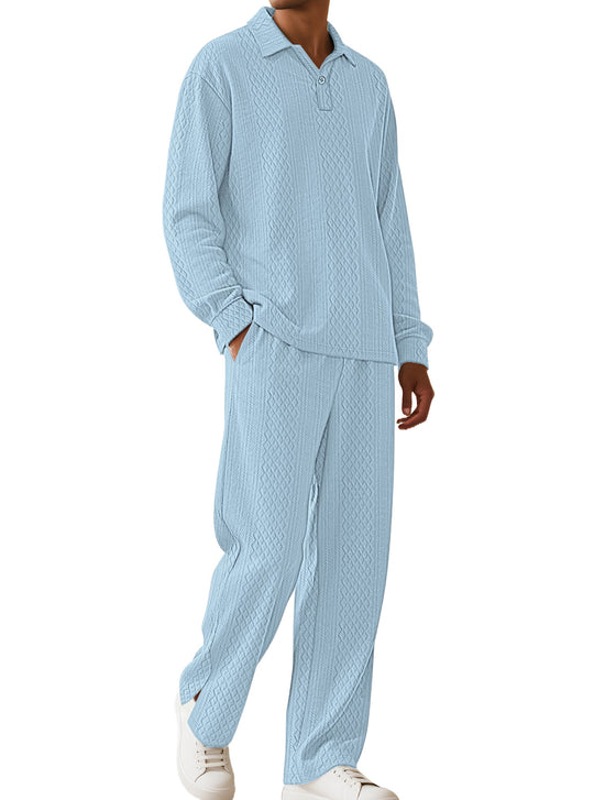 Herren nan Jacquard-Strickset mit Polokragen, legerer Passform und gerader Hose EB