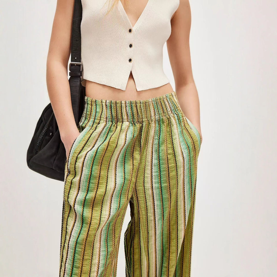 Damen weite gestreifte Sommerhose mit elastischem Bund und Taschen EB