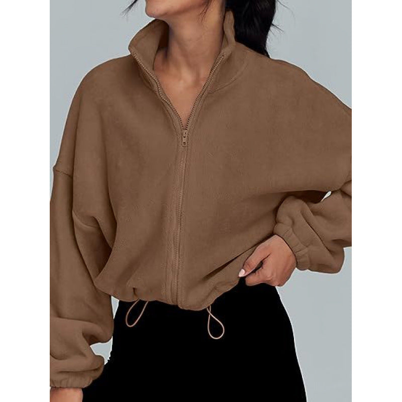 Damen trendy Oversize-Zip-Pullover mit hohem Kragen und Kordelzug EB