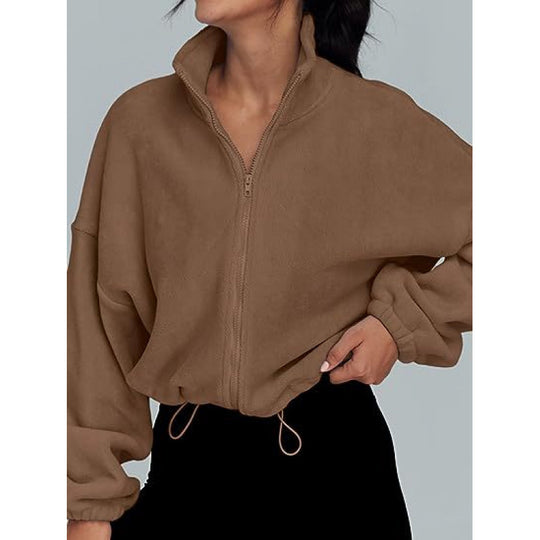 Damen trendy Oversize-Zip-Pullover mit hohem Kragen und Kordelzug EB