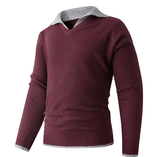 Herren V-Ausschnitt Pullover mit hochwertiger Textur und kontrastierendem Kragen EB