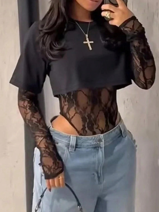 Damen Bodyshirt mit transparenten Spitzenärmeln und lässigem Schnitt EB