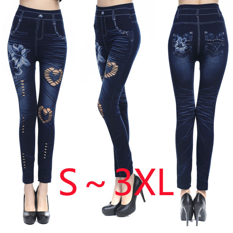 Damen Floral-Design Hochbund-Leggings aus Denim EB