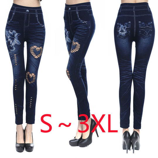 Damen Floral-Design Hochbund-Leggings aus Denim EB