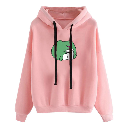 Damen nan kurz geschnittener Cropped-Kapuzenpullover mit niedlicher Frosch-Illustration und verstellbarer Kapuze EB