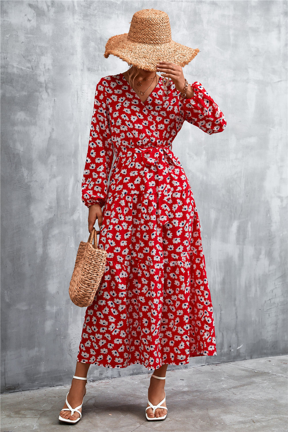 Damen Maxikleid mit tailliertem Design und langen Ärmeln EB