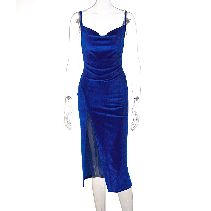 Damen Elegantes Satin-Midikleid mit Drapierung und Seitenschlitz EB