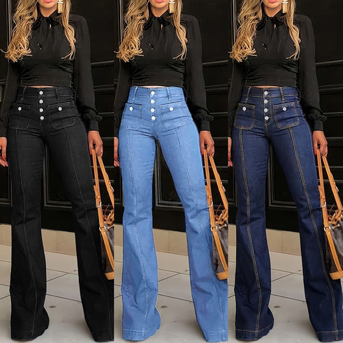 Damen High-Waist Schlagjeans mit Knopfdetails EB