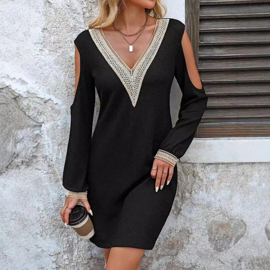Damen Elegantes Kleid mit V-Ausschnitt und offenen Schultern EB