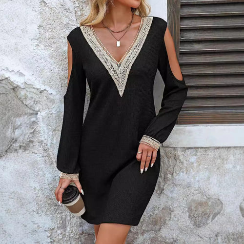 Damen Elegantes Kleid mit V-Ausschnitt und offenen Schultern EB