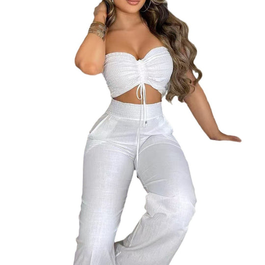 Damen lässiges Set aus Crop-Top und weiten Hosen EB