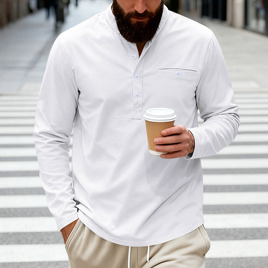 Herren nan langärmeliges Henley-Shirt mit Stehkragen, Brusttasche und dekorativer Knopfleiste EB