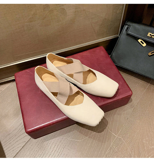 Damen elegante Ballerinas mit elastischen Riemen und glänzender Leder-Oberfläche EB
