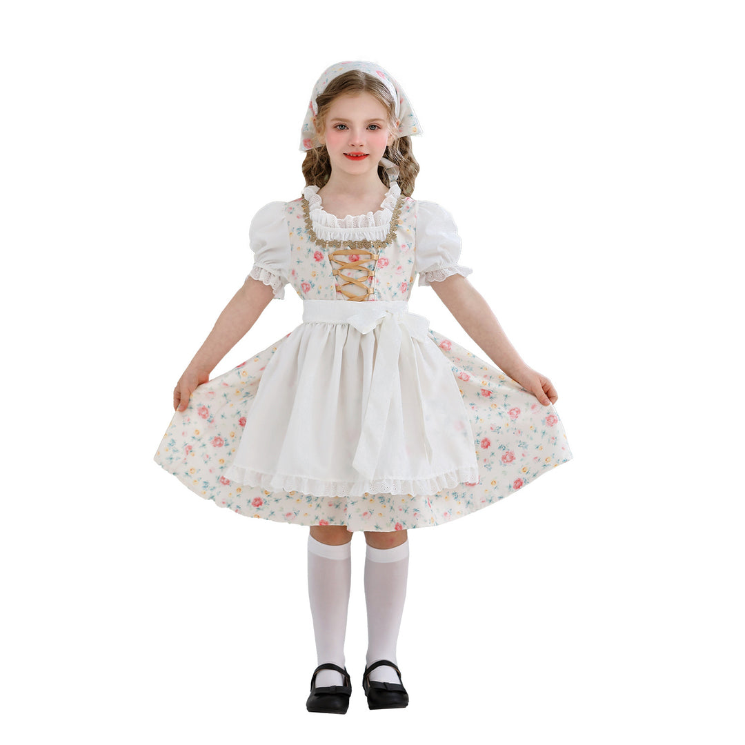 Damen nan traditionelles Dirndlkleid für Mädchen mit bestickter Schürze, Rüschenkragen und passendem Kopftuch EB