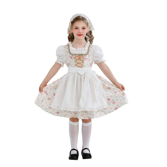 Damen nan traditionelles Dirndlkleid für Mädchen mit bestickter Schürze, Rüschenkragen und passendem Kopftuch EB