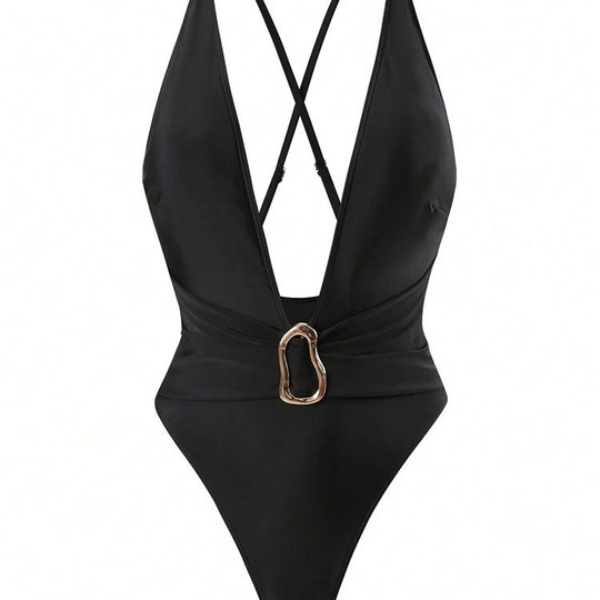 Damen Einteiler Badeanzug mit tiefem V-Ausschnitt und elegantem Gürtel EB