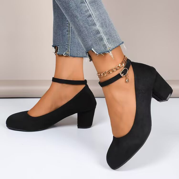 Damen Elegante Pumps mit breitem Blockabsatz und verstellbarem Knöchelriemen EB