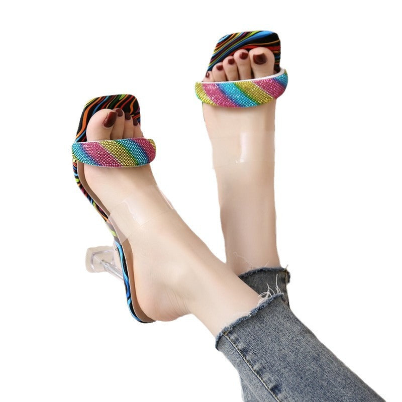 Damen modische Sandalen mit transparenten Trägern und funkelndem Strass EB