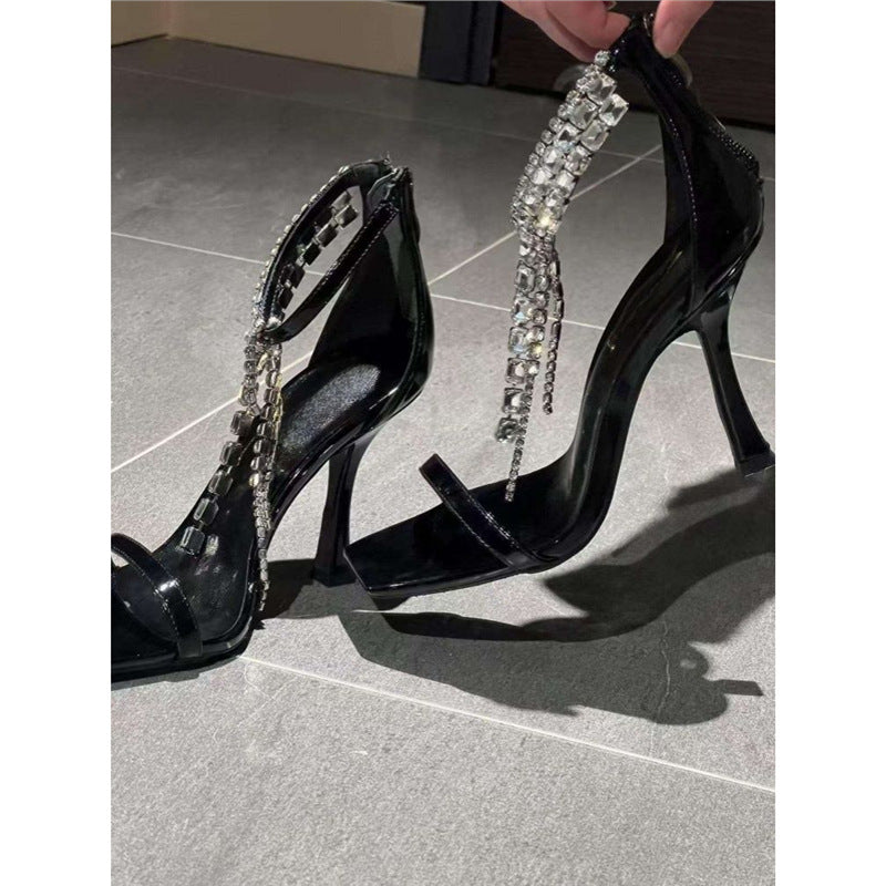 Damen elegante High Heel Sandalen mit funkelnden Strassapplikationen EB