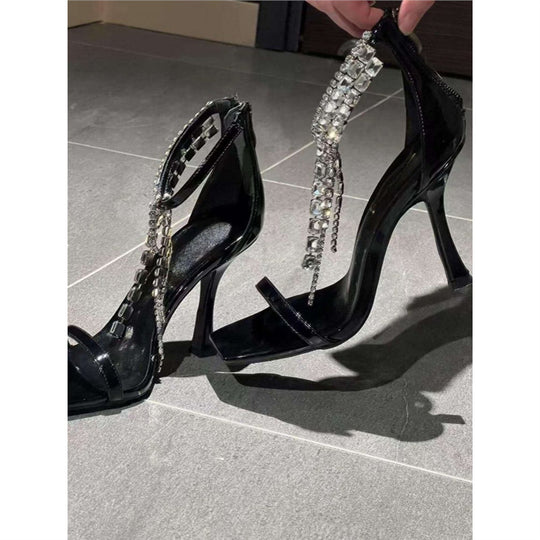 Damen elegante High Heel Sandalen mit funkelnden Strassapplikationen EB