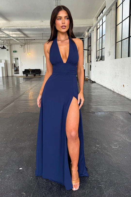 Damen Maxikleid mit tiefem V-Ausschnitt und elegantem Schlitz EB