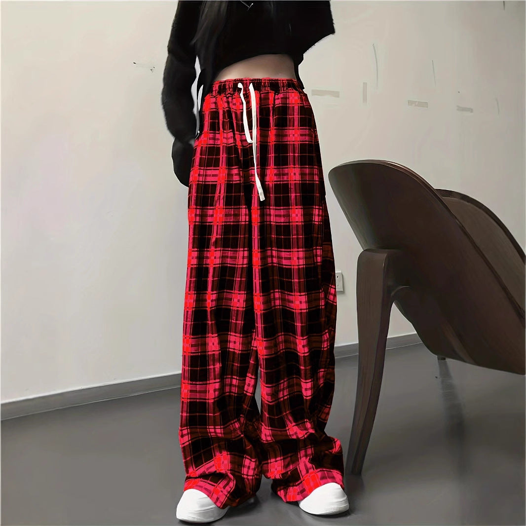Damen Weite Karohose mit elastischem Bund und Kordelzug EB