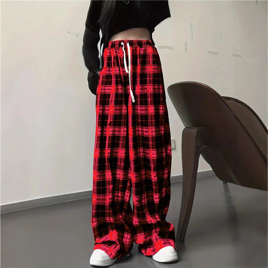 Damen Weite Karohose mit elastischem Bund und Kordelzug EB
