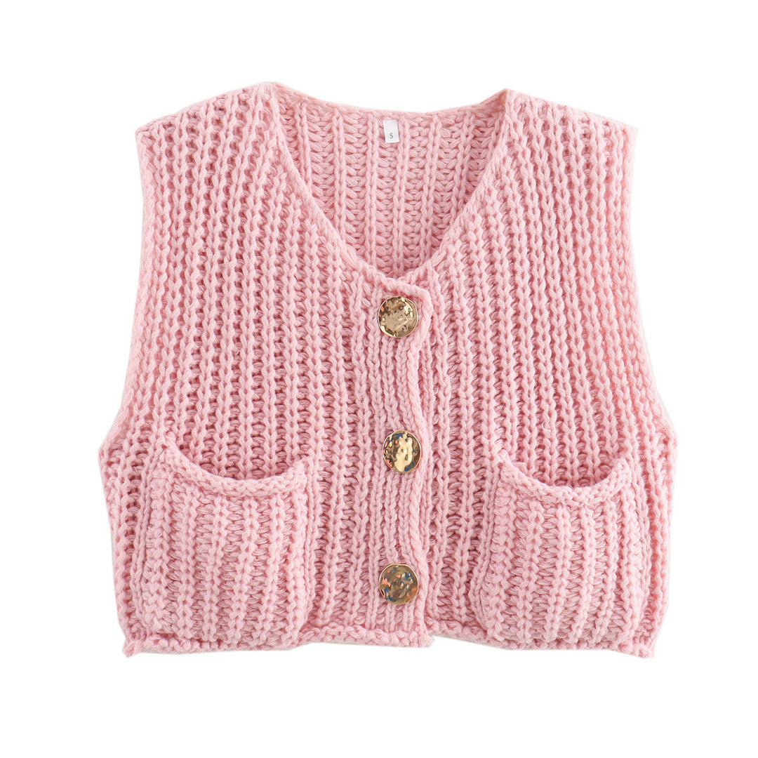 Damen Kurzgeschnittene Ärmellose Strickweste mit V-Ausschnitt und Zierknöpfen EB