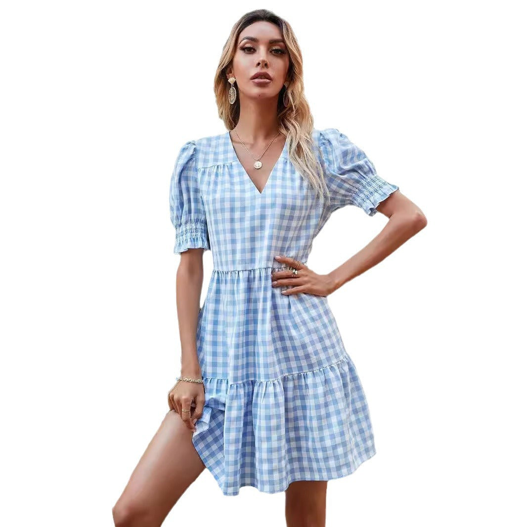 Damen Gingham-Kleid mit Volant und Puffärmeln EB