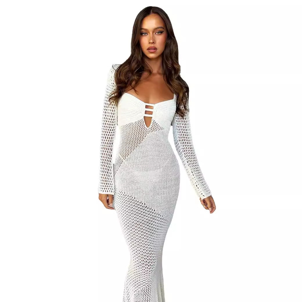 Damen langes Häkelkleid mit V-Ausschnitt und dekorativen Cut-Outs EB