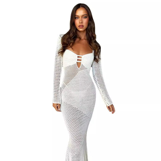 Damen langes Häkelkleid mit V-Ausschnitt und dekorativen Cut-Outs EB
