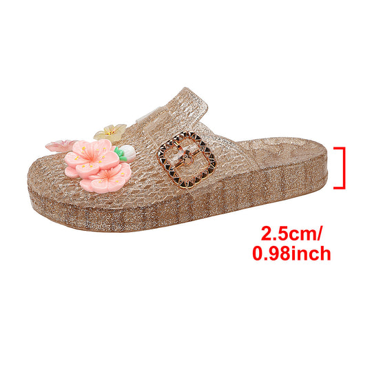 Damen Sommerliche Pantoletten mit geschmackvollen Blumenapplikationen und modischem Schnallenverschluss EB