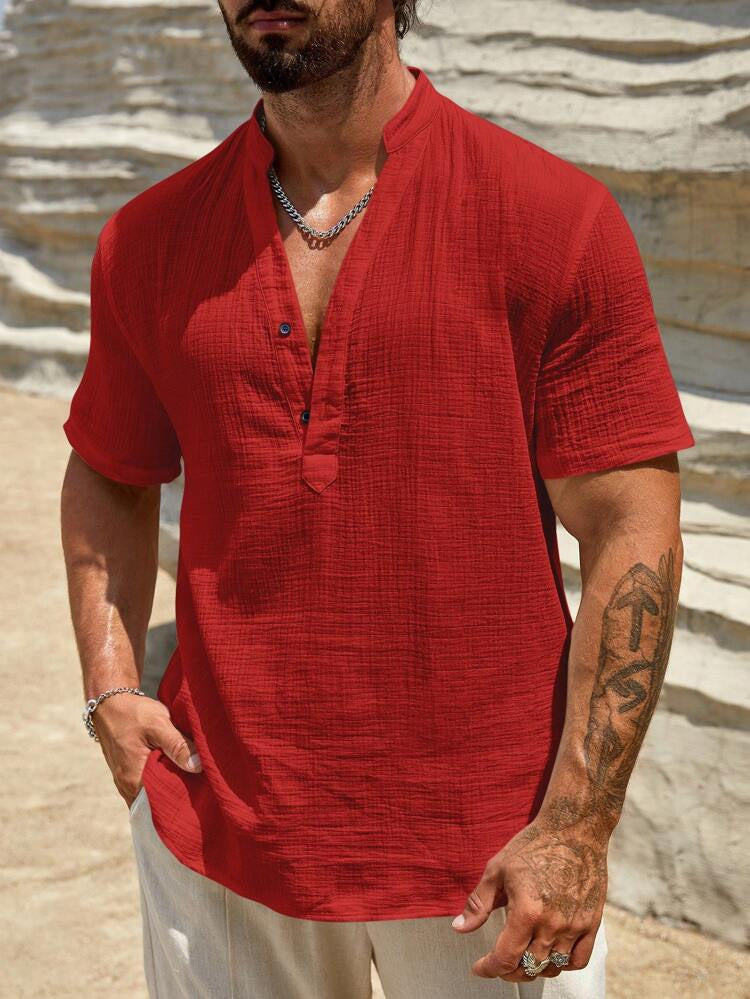 Herren Kurzarm Henley Hemd mit modernem Stehkragen aus leichtem Baumwollmaterial EB