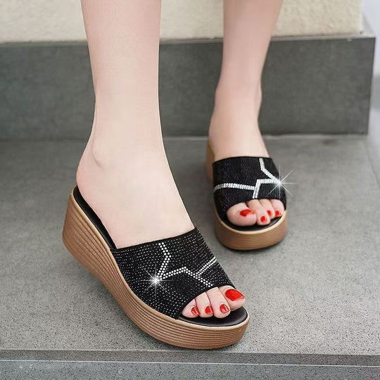 Damen Wedge-Pantoletten mit funkelndem Strass und rutschfester Sohle EB