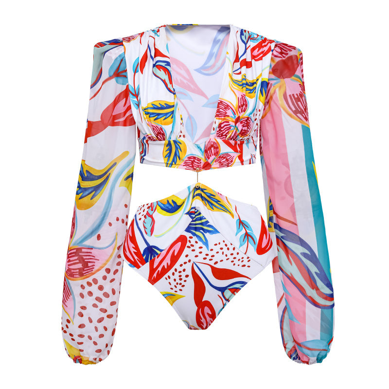 Damen Bikiniset mit langärmliger Bluse und trendy Muster EB